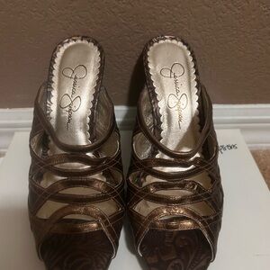 Jessica Simpson Brown Mules with Metallic Straps